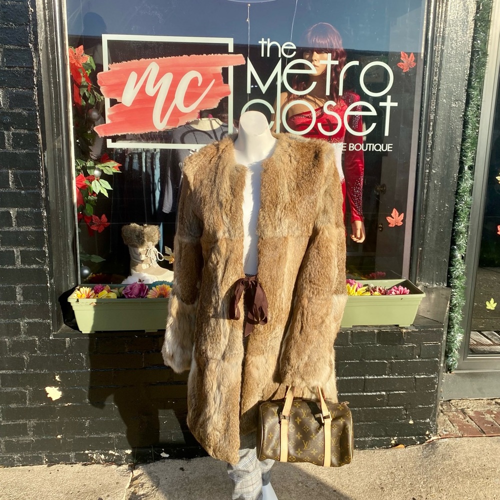 VINTAGE REVERSIBLE GENUINE RABBIT'S FUR TRENCH COAT W/ HOOK & TIE CLOSURES